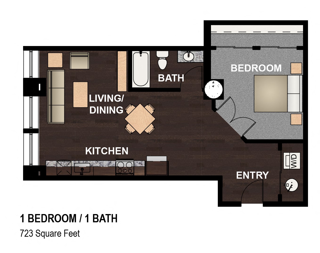 Floor plan for 1 bed, 1 bath, 723 sqft